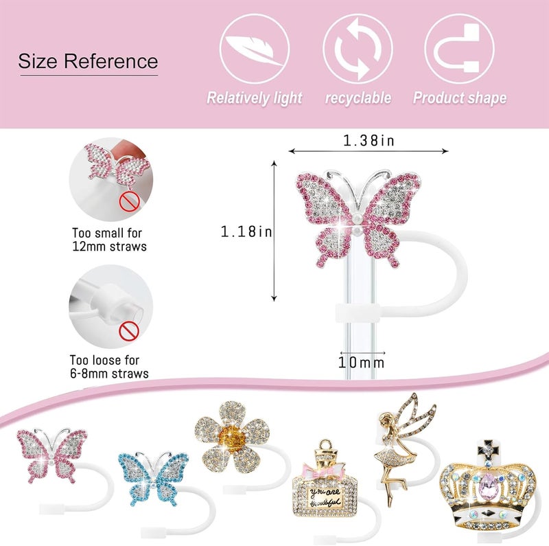 SEMATA 6PCS Cute Straw Cover Cap for Stanley Cup Accessories,Bling Crystals Straw Toppers for Stanley Tumbler 40&30 oz,Rhinestone Reusable Straws Tips Protectors Compatible with 10mm Straws - Image 2